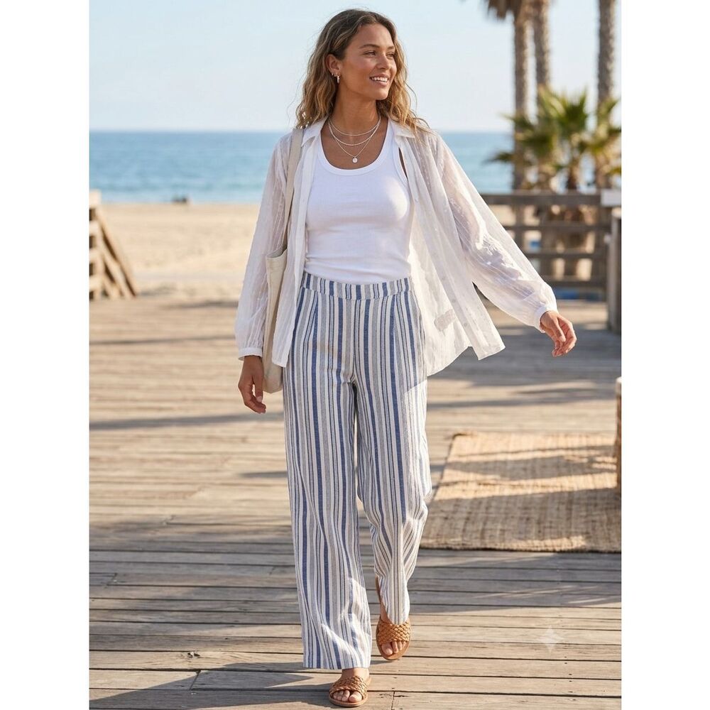 TIMING Blue White Striped Wide Leg Pants Size M Linen Look Rayon Boho Summer NWT